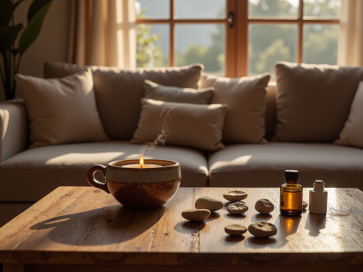 Evening relaxation scene with warm lighting and aromatic ambiance
