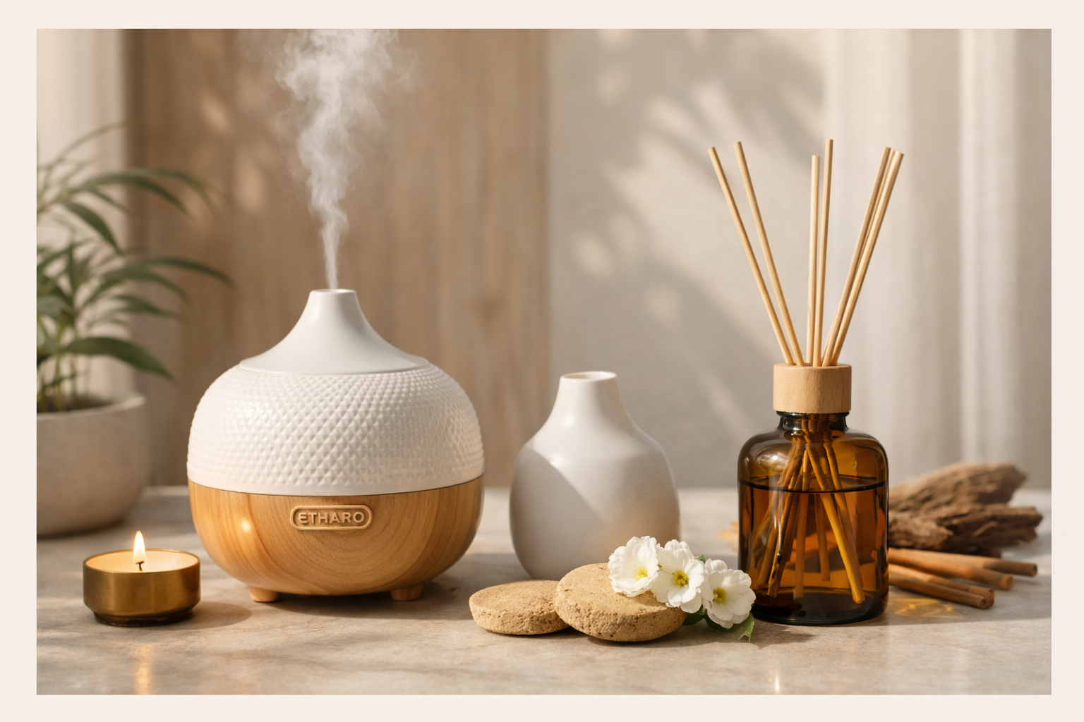 Collection of elegant aromatherapy diffusers in various designs, premium materials