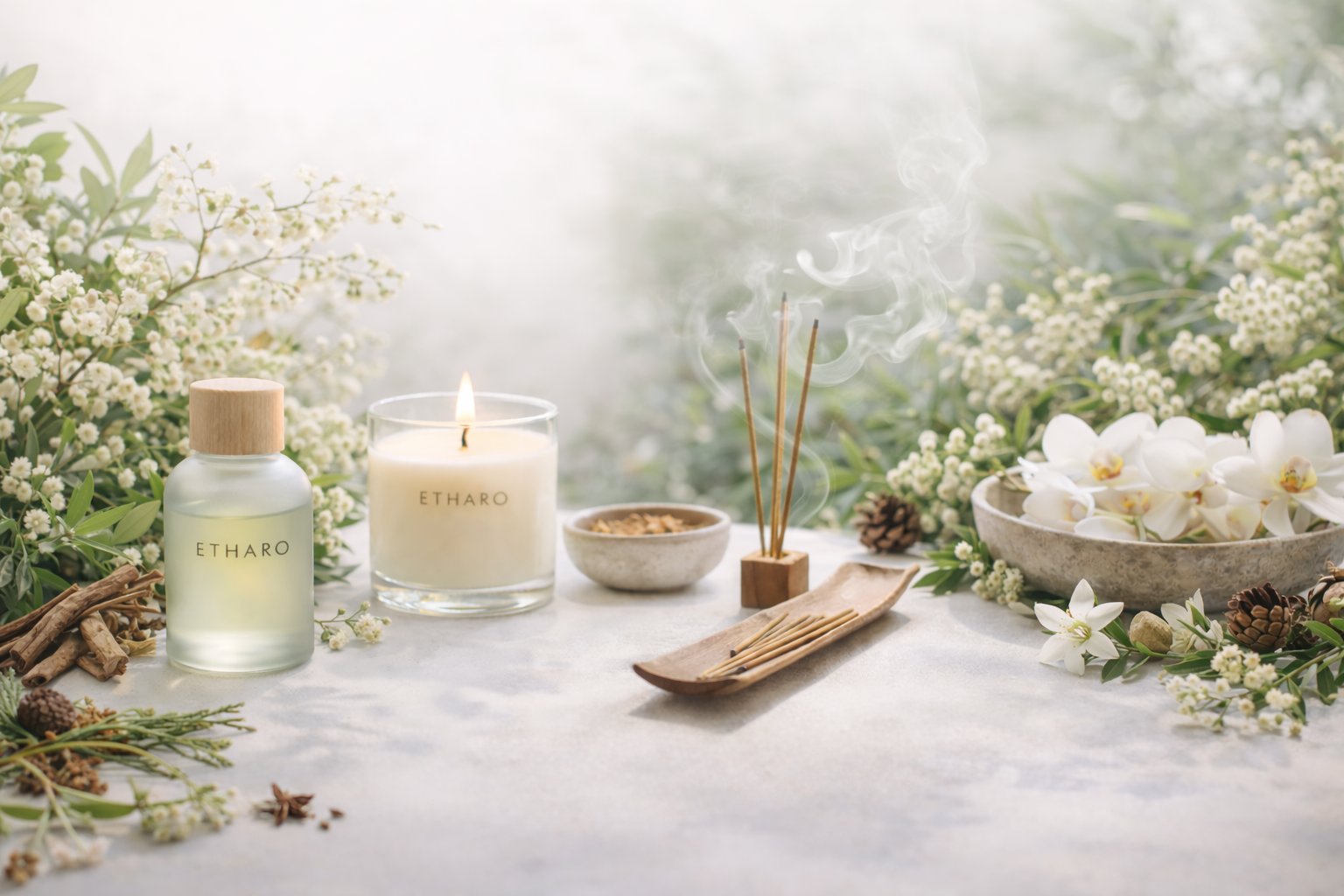 Natural ingredients and traditional crafting process, wooden bowls with aromatic herbs and essential oils, soft natural lighting