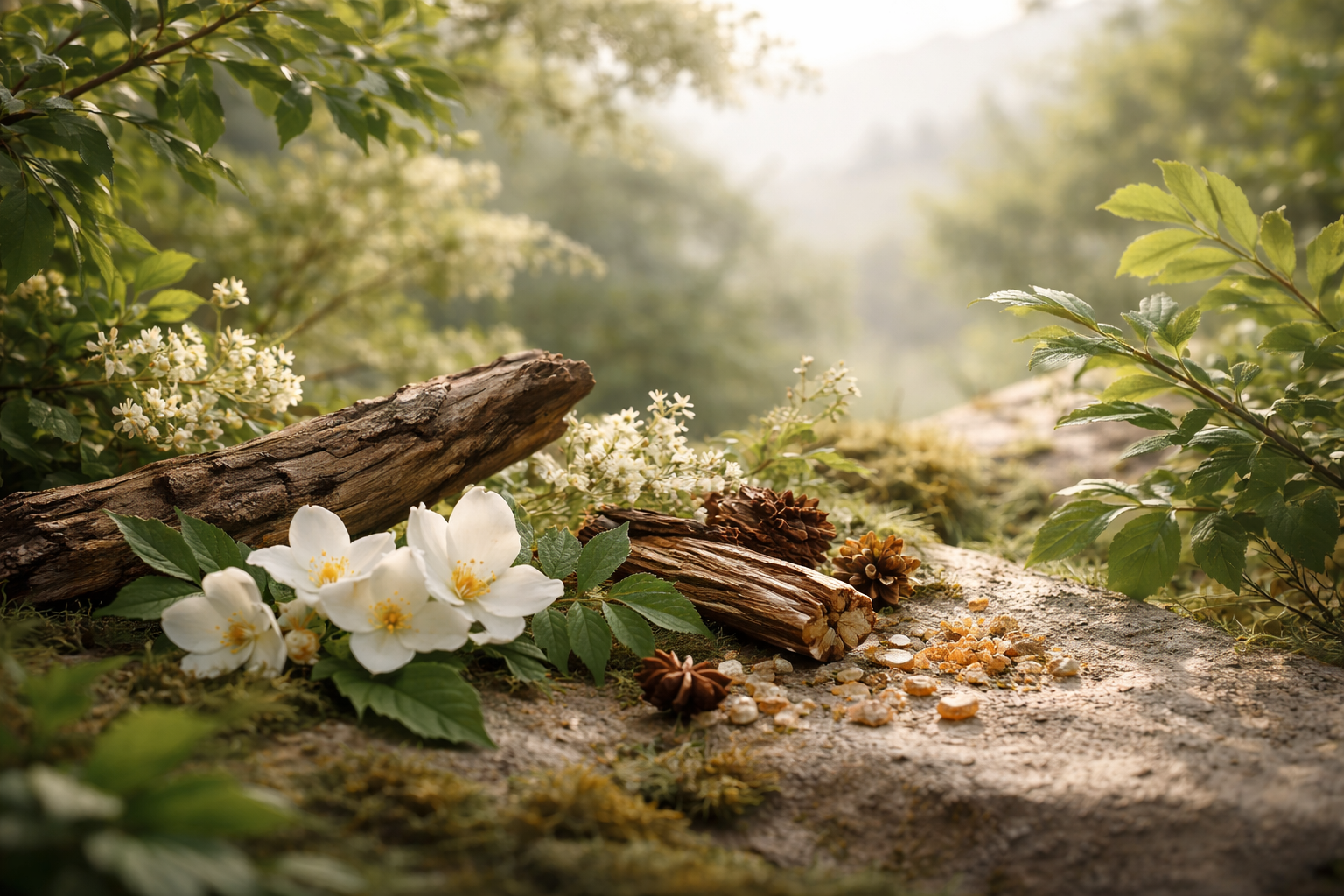 Natural landscape with aromatic plants, misty morning atmosphere, serene environment