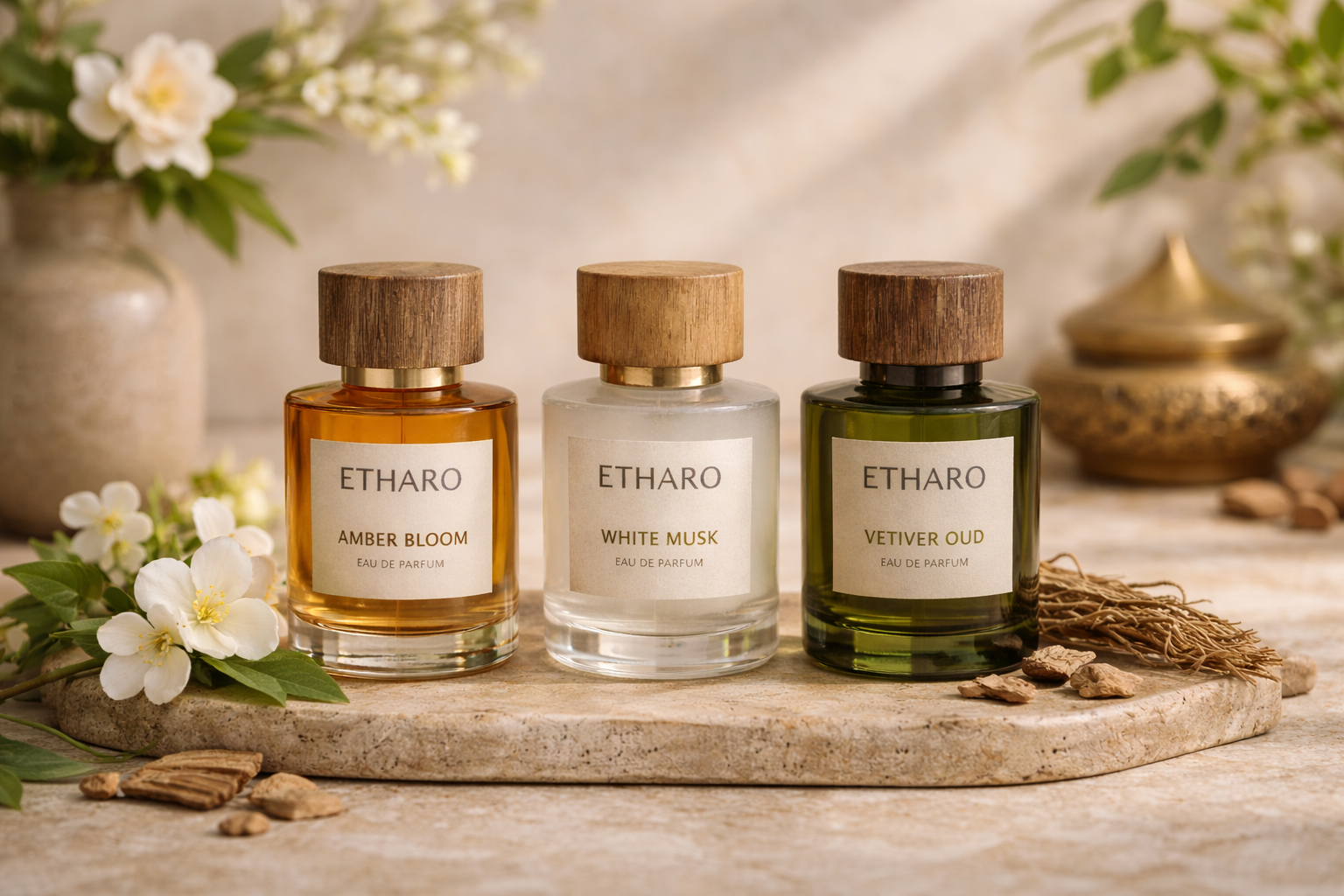 Luxury perfume bottles in elegant packaging, sophisticated presentation